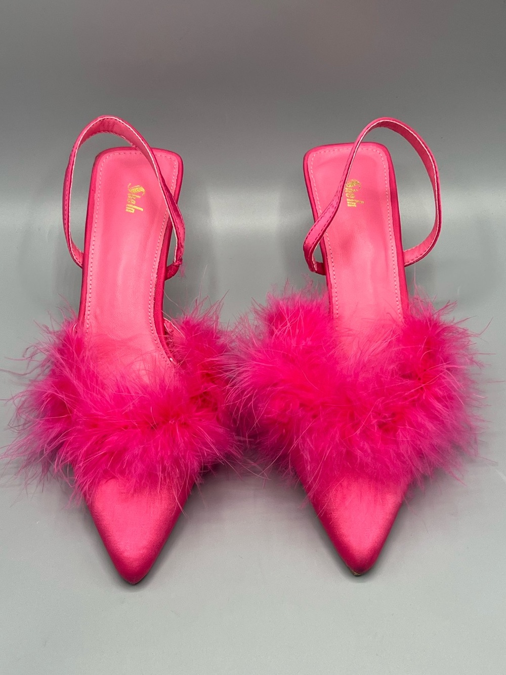 Sheln Hot Pink Satin Feather Pointed Toe Slingback Heels Women’s Pumps